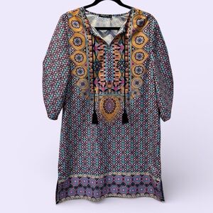 Urban Coco Geometric Patterned East Indian Style Tunic or Mini Dress w/ Tassels